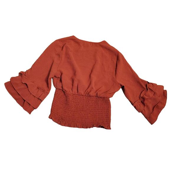 Rust Surplice Neckline Ruffle Sleeve Smocked Waist Blouse Fairy Core Boho Sz XS - Picture 2 of 7